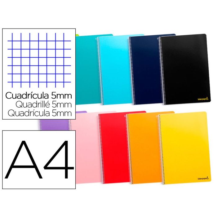 Cuaderno Espiral Liderpapel A4 Micro Smart Tapa Blanda 80H60 gr Cuadro 5 mm Doble Margen 4 Taladros Colores Surtidos 10 unidades