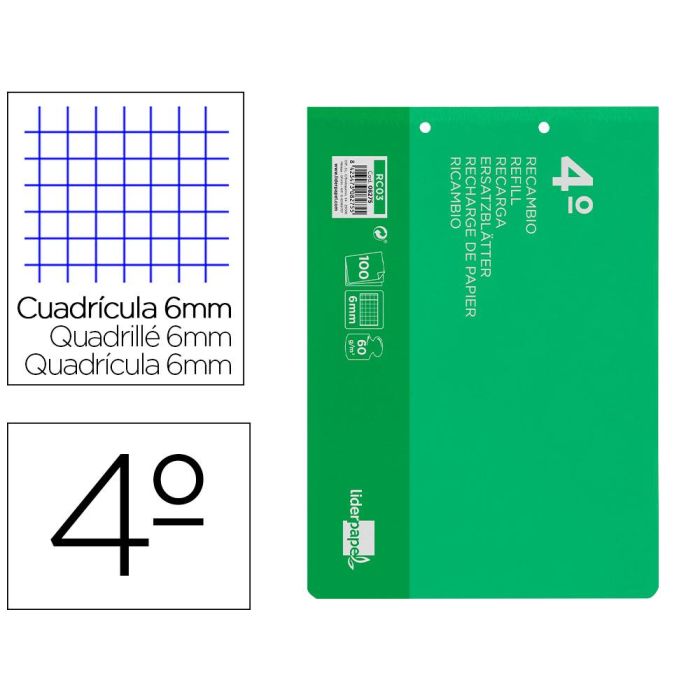 Recambio Liderpapel Cuarto Apaisado 100 H 2Tca-07 Cuadro 6 mm 2 Taladros Con Margen