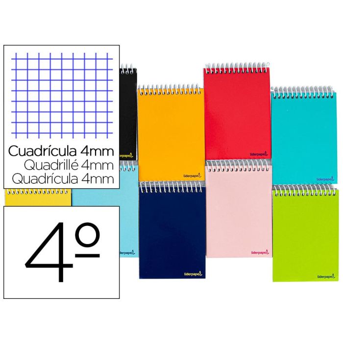 Cuaderno Espiral Liderpapel Cuarto Apaisado Smart Tapa Blanda 80H 60 gr Cuadro 4 mm Conmargen Colores Surtidos 10 unidades