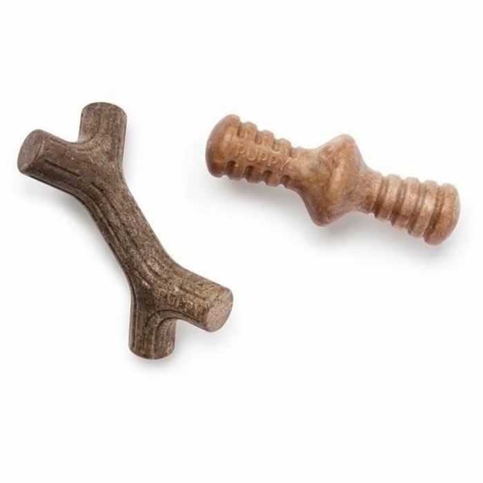 Benebone Puppy Pack de 2 juguetes duraderos para masticar cachorros, sabor a tocino, madera de arce real