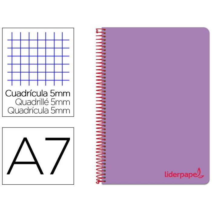 Cuaderno Espiral Liderpapel A7 Micro Wonder Tapa Plastico 100H 90 gr Cuadro 5 mm 4 Bandas Color Violeta