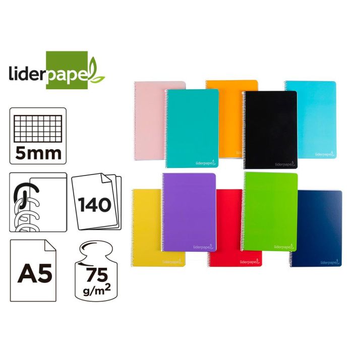 Cuaderno Espiral Liderpapel A5 Micro Witty Tapa Dura 140H 75 gr Cuadro 5 mm 5 Bandas 6 Taladros Colores Surtidos 5