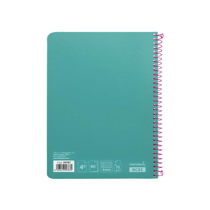 Cuaderno Espiral Liderpapel Cuarto Witty Tapa Dura 80H 75 gr Cuadro 4 mm Con Margen Color Turquesa 5 unidades 2