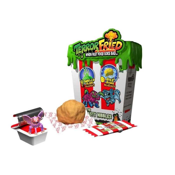 Terror fried mordisco asqueroso. incluye 2 figuras sorpresas y bolsa de salsa slime apestosa sdicional.