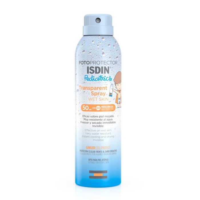 Isdin Pediatrics wet skin spray fotoprotector SPF50 transparent piel atopica 250 ml vaporizador