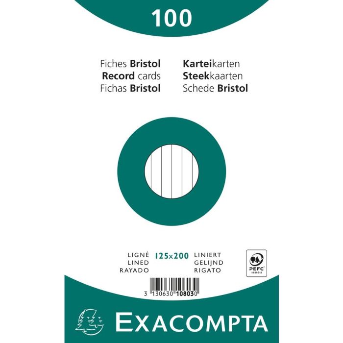 Exacompta Paquete 100 Fichas Cartulina Bristol Retractil Linea Horizontal Sin Taladro 125x200 mm Blanco