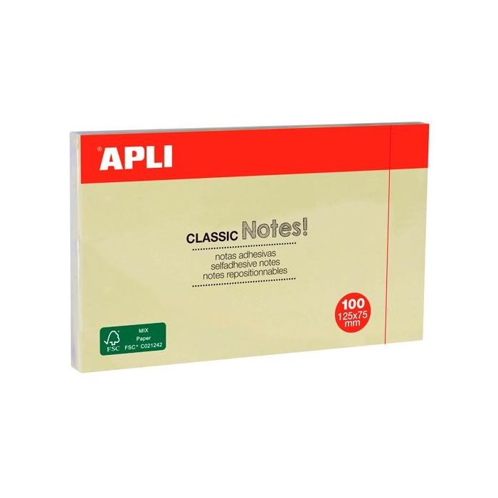 Apli notas adhesivas clasicas 125x75 mm amarillas bloc de 100 h -12u-