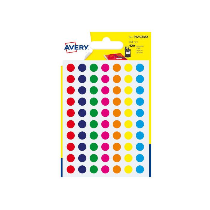 Paquete 6 Hojas Etiquetas Redondas Gomets Colores Surtidos 8Mm Diametro Avery PSA08MX