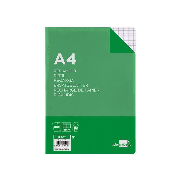 Recambio Liderpapel A4 100 Hojas 60 gr-M2 Cuadro 4 mm Con Margen Sin Taladros 1