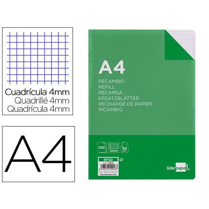 Recambio Liderpapel A4 100 Hojas 60 gr-M2 Cuadro 4 mm Con Margen Sin Taladros