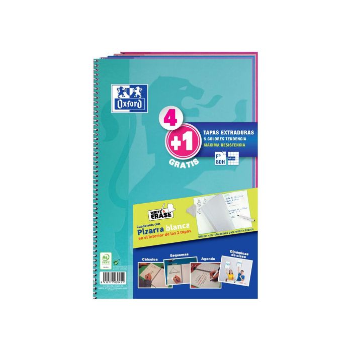 Oxford Cuaderno Espiral Write&Erase 80H Folio 4x4 mm C-Margen Tapa Extradura Pack 4+1 Ud C-Surtidos Tendencia