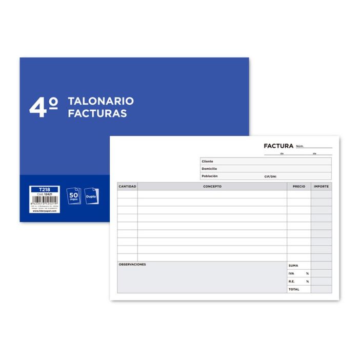Talonario Liderpapel Facturas Cuarto Original Y Copia 218 Apaisado Con I.V.A. 5 unidades