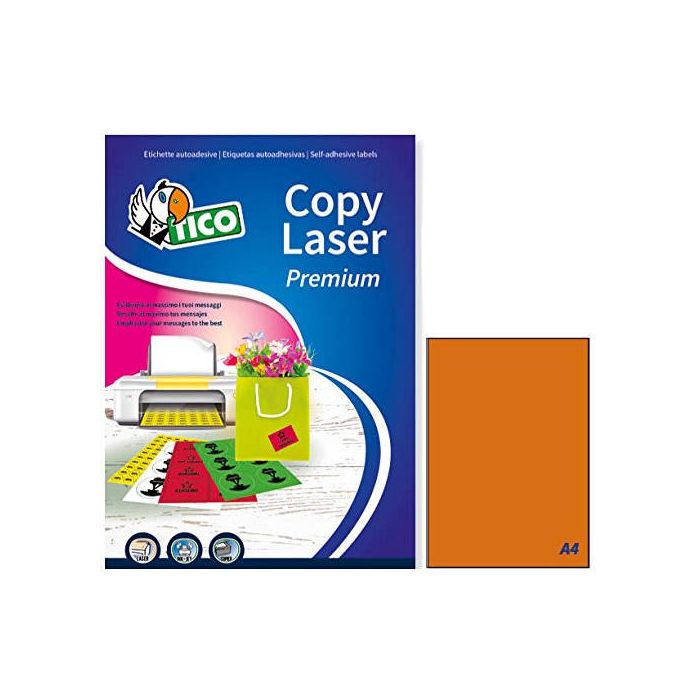 Caja 70 Hojas Etiquetas Naranja Fluorescente sin Márgenes-Láser/Inyección de Tinta/Fotocopiadoras-210X297 Mm Tico LP4FA-210297