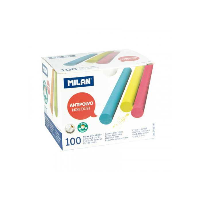 Caja 100 Tizas de Carbonato de Calcio de Colores Redondas -Antipolvo Milan 2452100