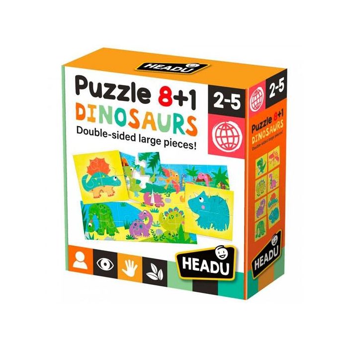 Headu puzzle 8+1 dinosaurios grandes piezas doble cara 2-5 años