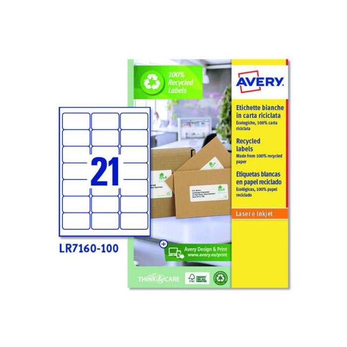 Caja 100 Etiquetas Blancas Recicladas - Quickpeel - Impresoras Láser - 63,5X38,1 - 21 Etiquetas por Hoja Avery LR7160-100