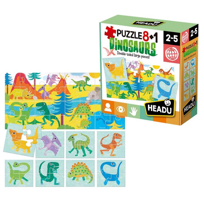 Headu puzzle 8+1 dinosaurios grandes piezas doble cara 2-5 años
