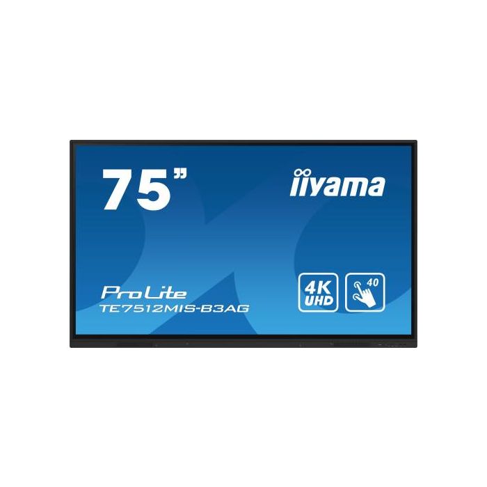 iiyama TE7512MIS-B3AG pantalla de señalización Diseño de quiosco 190,5 cm (75") LCD Wifi 400 cd / m² 4K Ultra HD Negro Pantalla táctil Procesador incorporado Android 11 24/7