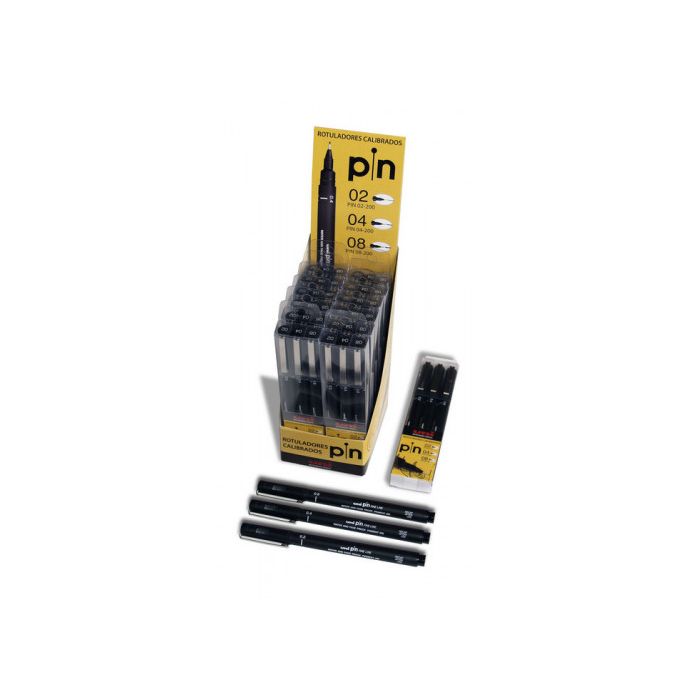 Uniball expositor marcador permanente negro pinox-200/12p calibrados estuche de 3 (0,2-0,4 y 0,8 mm) -12u-
