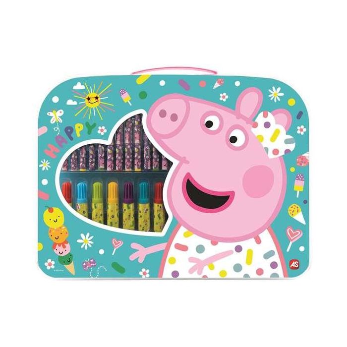 Maletín de actividades artísiticas peppa pig con 12 crayones, 12 rotuladores, 6 lápices de colores, regla, lápiz, borrador y sacapuntas. 32x25x2 cm