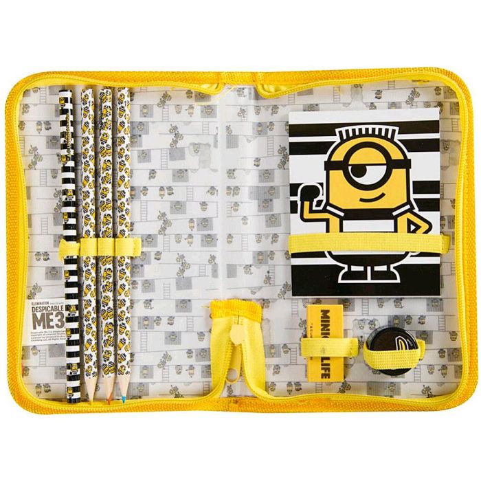 Bolso Portatodo Con Cremallera Minions Con Libreta Goma Sacapuntas Y Lapices Colores 1