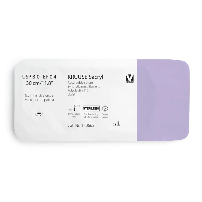 Kruuse Sutura Sacryl 8-0 30 cm Microaguja Espatulada 6,5 mm 3-8 12 Unidades