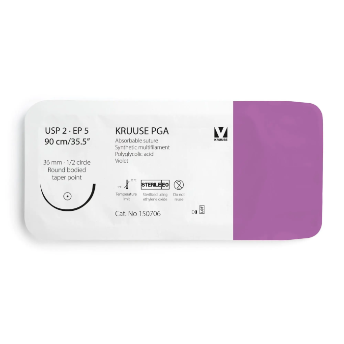 Kruuse Sutura Pga Calibre 2 90 cm Aguja 36 mm 1-2 Redonda Punta Cónica 12 Unidades