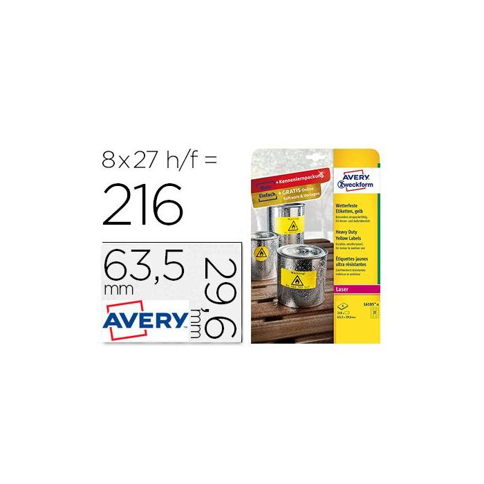 Etiqueta Adhesiva Avery Poliester Amarillo Fluorescente 63,5x29,6 mm Pack De 8 Unidades