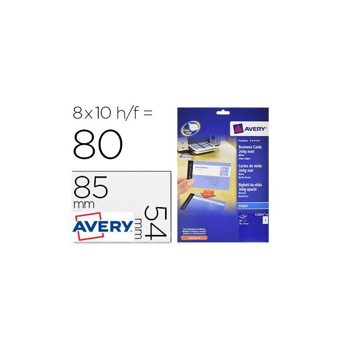 Tarjeta De Visita Avery Blanca Mate 85x54 mm 260 gr Imprimible Doble Cara Para Ink-Jet Pack De 80 Unidades