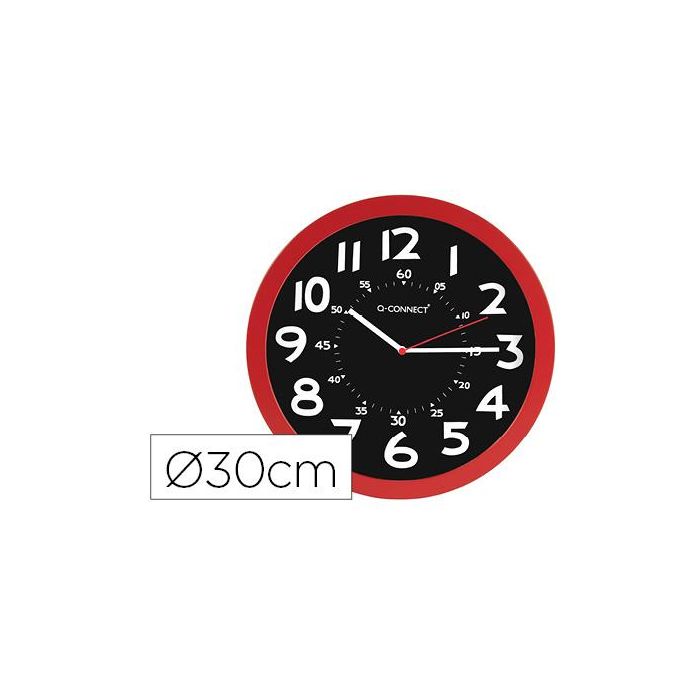 Reloj Q-Connect De Pared Plastico Oficina Redondo 30 cm Color Rojo Y Esfera Color Negro