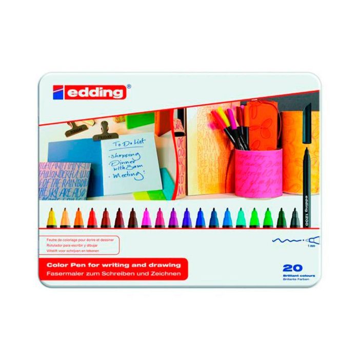 Rotulador Edding Punta Fibra 1200 Caja Metalica 20 Colores Surtidos Exp.8 Unidades + 8 Blister 4 Edding 1340 Regalo 1
