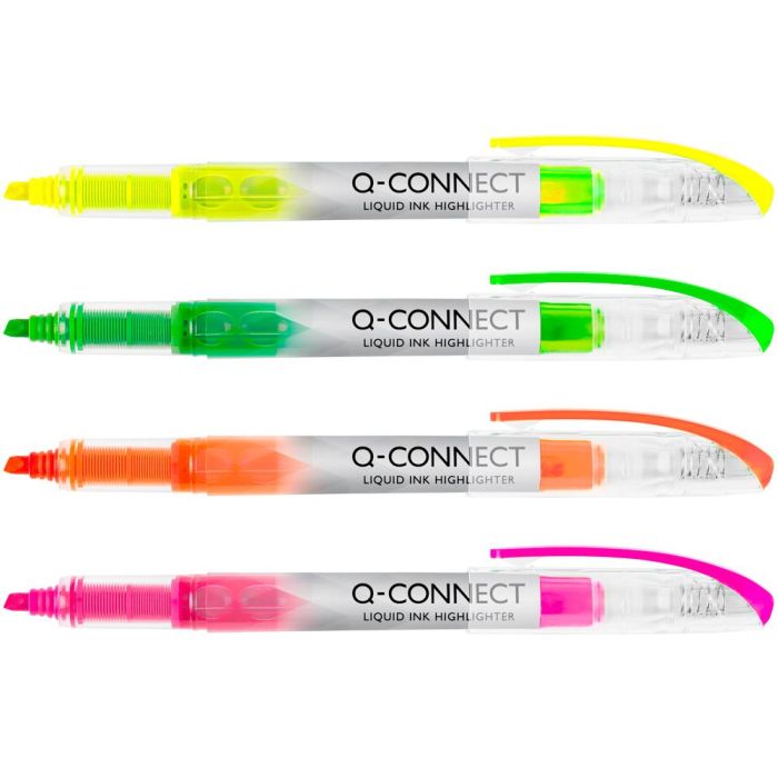 Rotulador Q-Connect Fluorescente Punta Biselada Tinta Liquida Bolsa De 4 Unidades Colores Surtidos 1