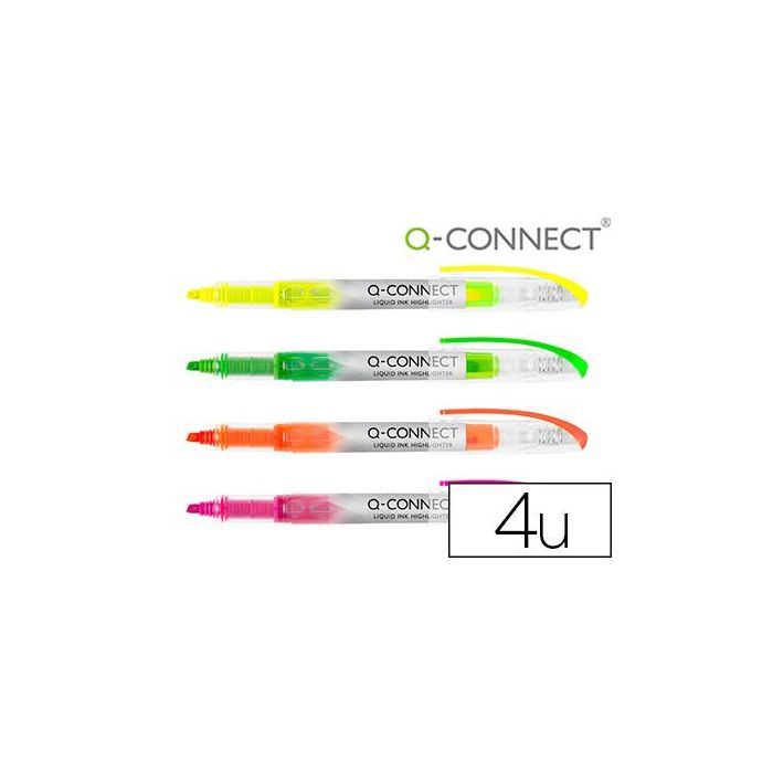 Rotulador Q-Connect Fluorescente Punta Biselada Tinta Liquida Bolsa De 4 Unidades Colores Surtidos