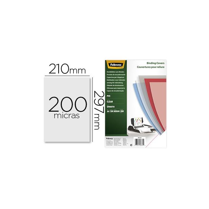 Tapa De Encuadernacion Fellowes Din A4 Pvc Transparente Cristal 200 Micras Pack De 100 Unidades