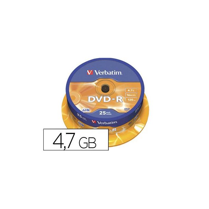 Dvd-R Verbatim Capacidad 4.7 grb Velocidad 16X 120 Min Tarrina De 25 Unidades