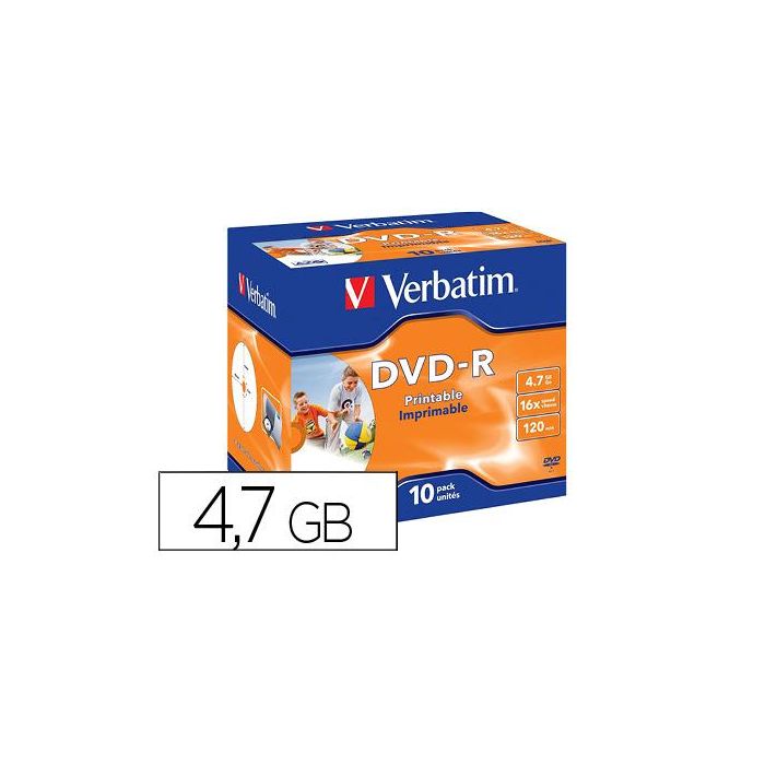 Dvd-R Verbatim Imprimible Capacidad 4.7 grb Velocidad 16X 120 Min Pack De 10 Unidades