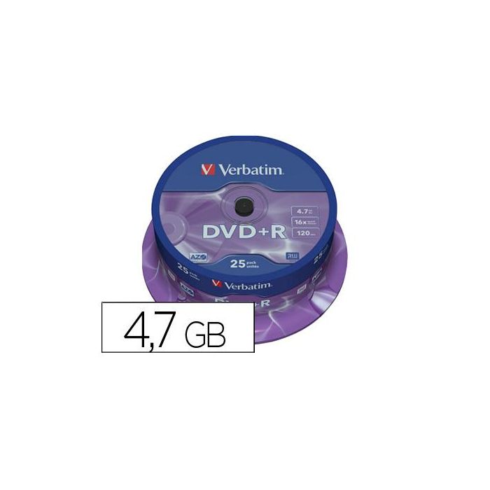 Dvd+R Verbatim Capacidad 4.7 grb Velocidad 16X 120 Min Tarrina De 25 Unidades