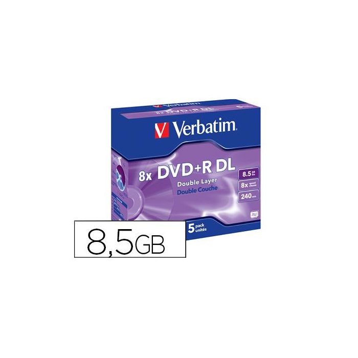 Dvd+R Verbatim Doble Capa Capacidad 8.5 grb Velocidad 8X 240 Min Pack De 5 Unidades