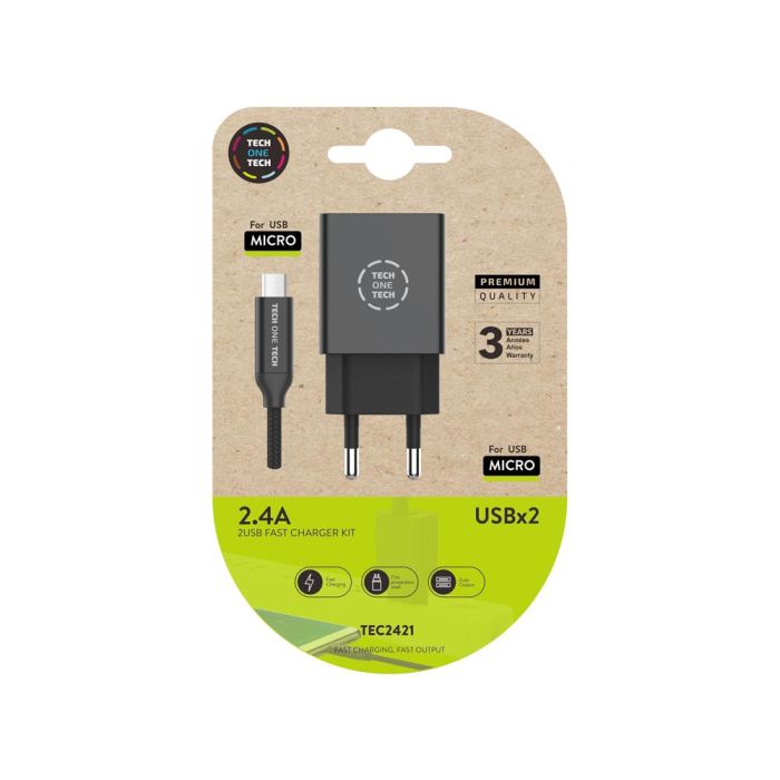 Cargador Tech One Tech 2.4 Doble Usb + Cable Braided Nylon Micro Usb Android Longitud 1 Mt Color Negro 1