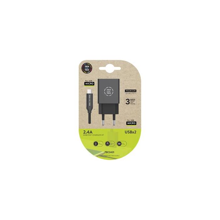 Cargador Tech One Tech 2.4 Doble Usb + Cable Braided Nylon Micro Usb Android Longitud 1 Mt Color Negro