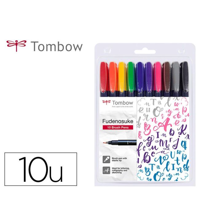 Rotulador Tombow Fudenosuke Tinta Base De Agua Punta Pincel Dura Estuche De 10 Unidades Colores Surtidos