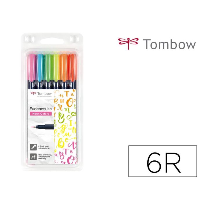 Tombow Fudenosuke Rotuladores Caligrafía Punta Elástica Dura C-Surtidos Neón Estuche 6 Ud