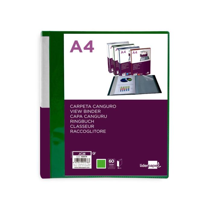 Carpeta Liderpapel 60 Fundas Canguro Pp Din A4 Verde Translucido Portada Y Lomo Personalizable