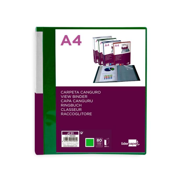 Carpeta Liderpapel 80 Fundas Canguro Pp Din A4 Verde Translucido Portada Y Lomo Personalizable 1