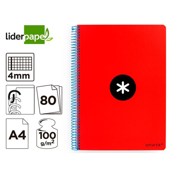 Cuaderno Espiral A4 Antartik Tapa Dura 80H 90 gr Cuadro 4 mm Con Margen Color Rojo 3 unidades 7
