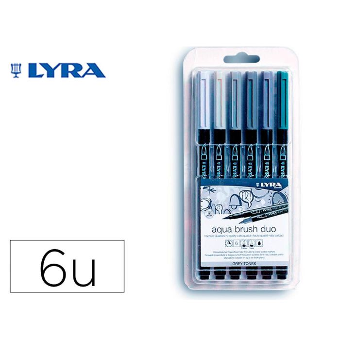 Rotulador Lyra Aqua Brush Acuarelable Doble Punta Y Pincel Tonos Grises Blister De 6 Unidades Surtidas