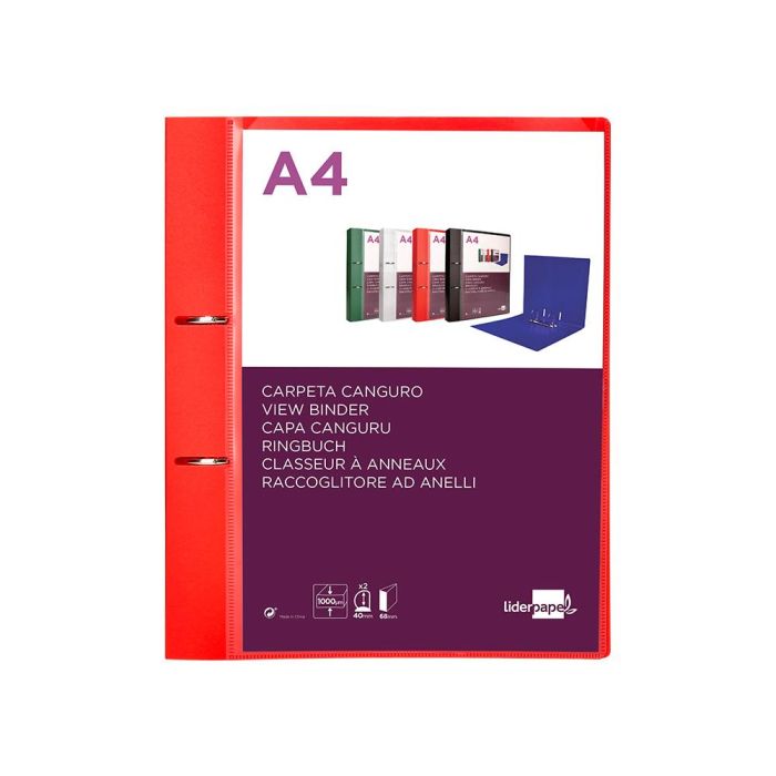 Carpeta Liderpapel Canguro 2 Anillas 40 mm Mixtas Polipropileno Din A4 Rojo Translicudo 1