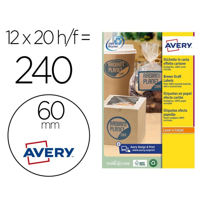 Etiqueta Adhesiva Avery Kraft Efecto Carton Redonda 60 mm Removible Para Laser Ink-Jet Caja De 300 Unidades