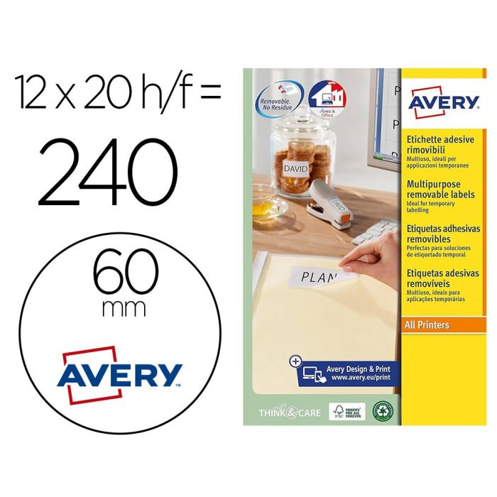 Etiqueta Adhesiva Avery Blanca Redonda Removible Para Laser Ink-Jet Fotocopiadora 60 mm Caja De 240 Unidades