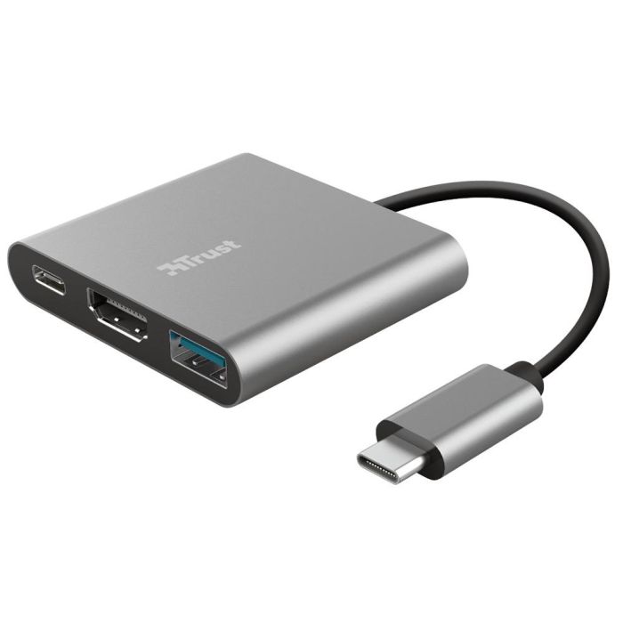 Conversor Trust Dalyx 3 IN 1/ USB Tipo-C Macho - HDMI Hembra/ USB/ USB Tipo-C PD/ 10cm/ Gris